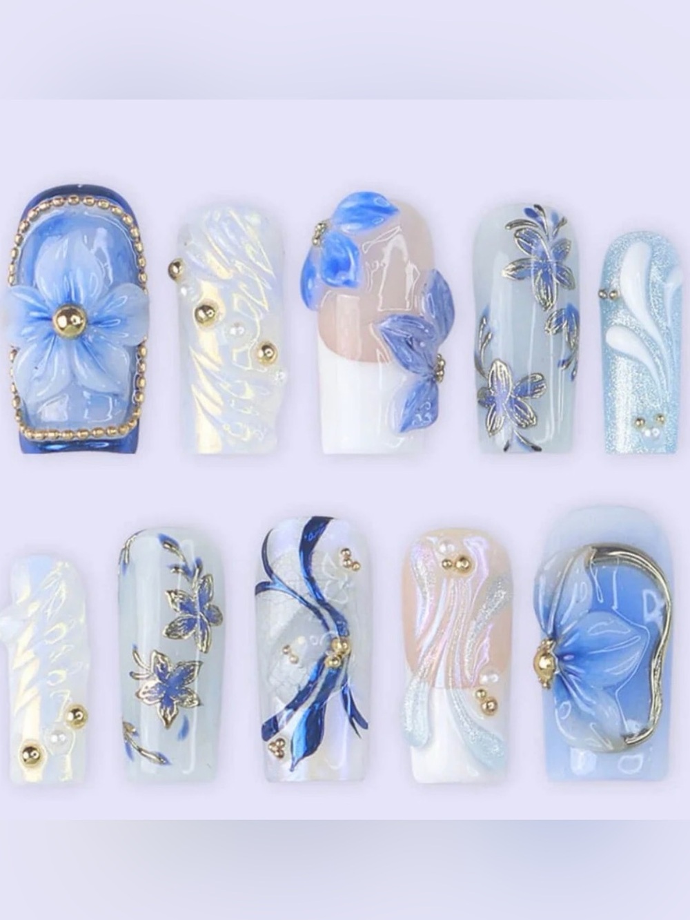 Blue Floral & Pearl Press-On Nail Set - Women Makeup